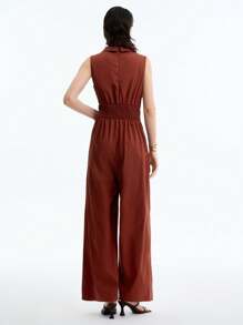 Aalyst Women's Elegant Fashion Commute Casual Charming Retro Minimalist High-End Vacation Sleeveless Lapel Waist Cinched Straight Leg Jumpsuit, Solid Color