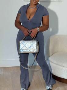 INAWLY Plus Size Casual Effen Kleur Slim-Fit Flare Jumpsuit