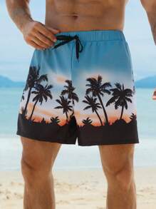 DAZY Men's Summer Solid Color Coconut Tree All-Over Floral Print Beach Shorts, Vacation Style - Multicolor - View 1