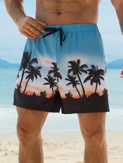 남성 여름 솔리드 컬러 코코넛 나무 올오버 플로럴 프린트 비치 반바지, 휴가 스타일