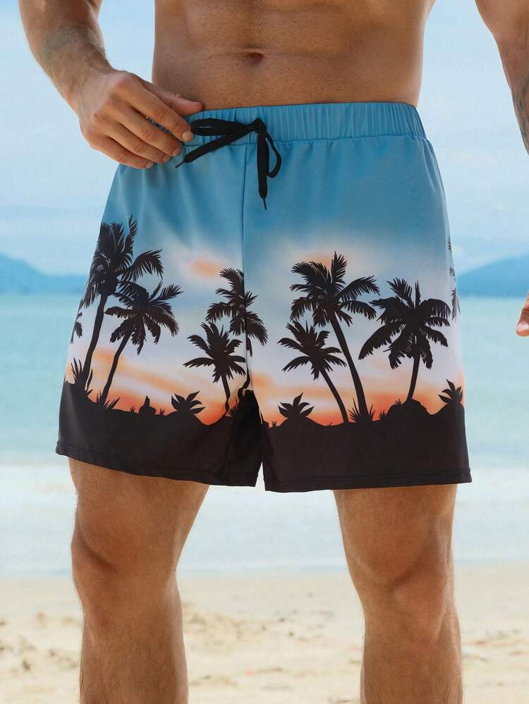 Men's Summer Solid Color Coconut Tree All-Over Floral Print Beach Shorts, Vacation Style
