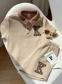 2pcs Boy Casual Knitted Contrast Color Half-Zip Sweater And Solid Elastic Waist Shorts Set,Summer,Career Day,Back-To-School Young Boys Matching Sets - Khaki - View 2