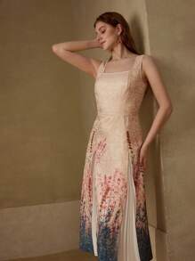 MOTF PREMIUM Vestido con paneles plisados de contraste con estampado floral de jacquard - Multicolor - Ver 1