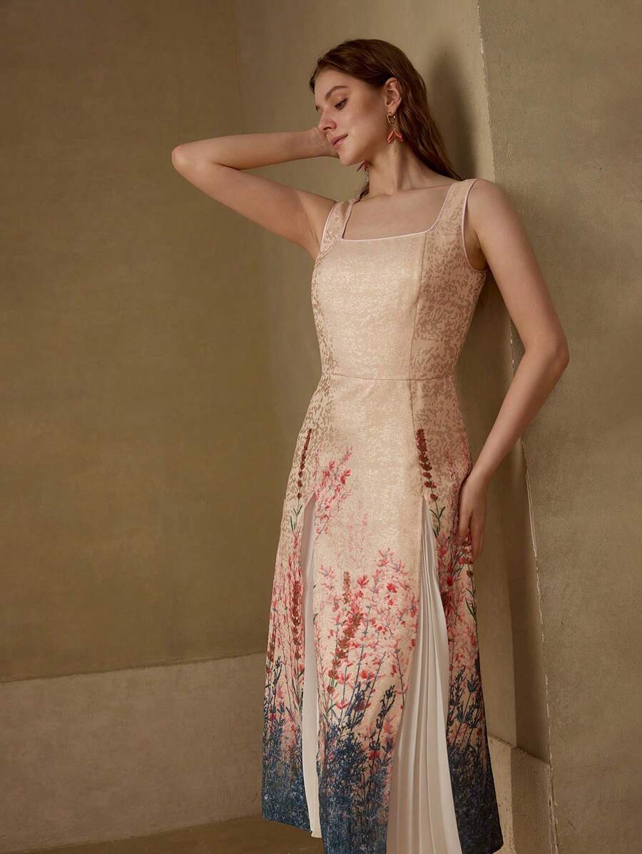 MOTF PREMIUM JACQUARD FLORAL PRINT CONTRAST PLEATED PANEL DRESS - Multicolor - View 1