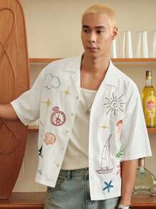 Manfinity VCAY Áo sơ mi cotton thường ngày thêu họa tiết thuyền buồm tay ngắn, cài khuy đơn dành cho nam - Nhiều màu - Xem 2