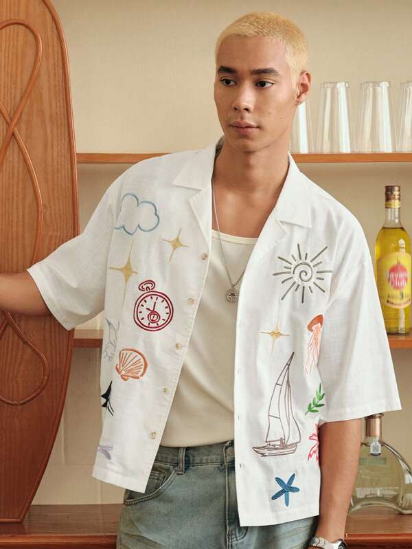SWAVVY Men's Summer Cloud Print Short Sleeve Single-Breasted Casual Shirt
