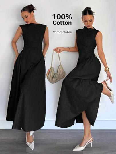 Siren Gaze Women Metal Decor Zipper Long Dress, New Summer Elegant Black Evening Dress