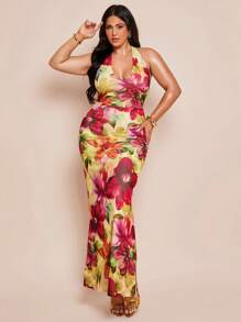 SHEIN BAE Plus Size Women's Spring/Summer V-Neck Open Back Floral Print Bodycon Mesh Knit Dress, Y2k, Fourth Of July, Concert Outfit Women, 4th Of July, 4th Of July Clothes, Memorial Day, Graduation, Work/Office, Vacation Outfits, Birthday Dresses For Women Summer Clothes, Western Wear Women, Club Outfits Women Sexy, Beach Vacation Outfits, Hawaii Outfits Women, Dresses For Women Party, Sundress - Multicolor - View 2