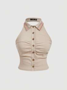 SHEIN MOD Plus Size 2 Pieces Set:Beige,Summer,1950s Vintage,Vacation,Holiday Collared Vest&Ruffle Hem Skirt,Waist-Hugging Top,Folk Printed A-Line Nomadic Suit - Khaki - View 3