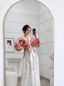 SHEIN Najma Elegant Placement Floral V-Neck Button Up Young Fashion Women Dress - Multicolor - View 3