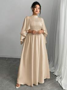 Elenzga 2025 Women Plus Size Elegant Party Dress With Waistband, Ruffle Sleeve, Front Pleat, Ruffle Shawl Collar, Solid Color, Back Zipper Closure - Khaki - View 4