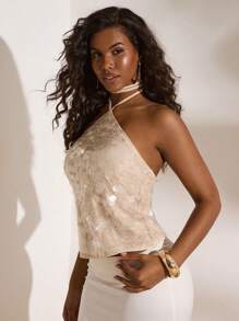 Opulessa Women's Solid Color Beaded Halter Neck Backless Top, Daily Wear Holiday Summer Vacation - Beige - View 3