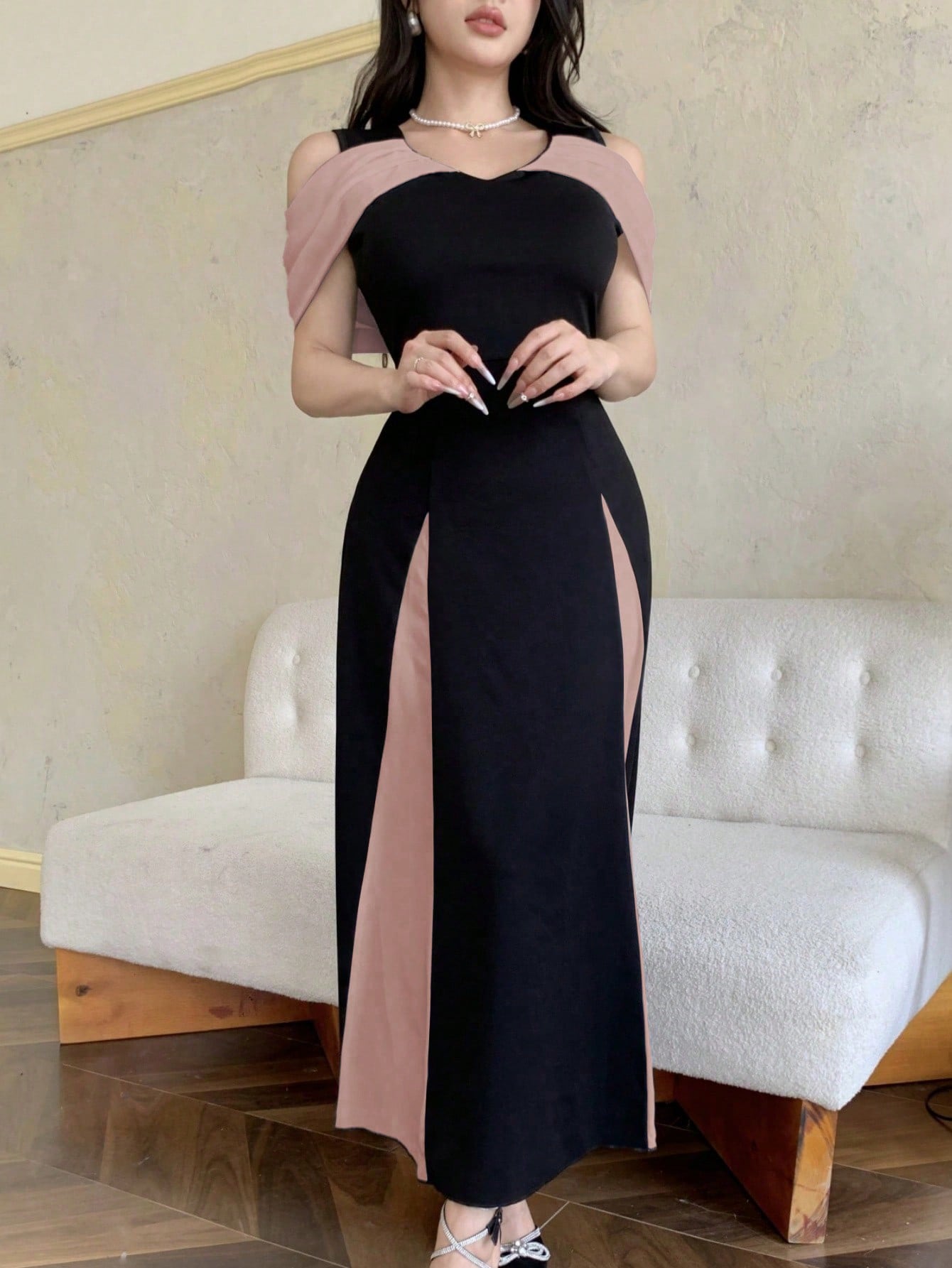 Modelyn فستان مبطن بحافة من الكروشيه بلون مزدوج مك...