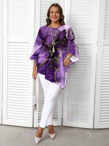 EMERY ROSE Plus Size Casual Marble Ink Texture Pattern Round Neck Long Sleeve Shirt, Suitable For Spring/Autumn
