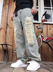 Manfinity LEGND Jeans casuales de moda de calle con bolsillos desgastados de unicolor para hombre