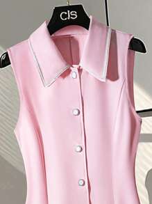 SHEIN Clasi 标准尺寸女式纯色衬衫领白色编织腰带装饰口袋设计连衣裙 - 粉色 - 查看 3