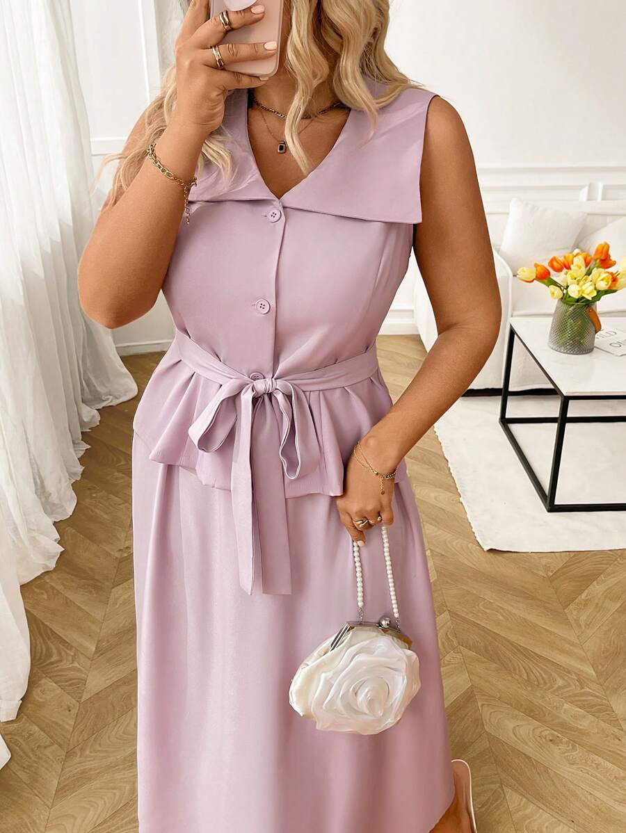 EMERY ROSE Plus Size Collared Button Fly Top & Skirt 2pcs Set - Purple - View 1