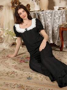 Côtesoire Conjunto de pijama de mujer de estilo elegante del sur de Francia con textura de punto, cuello de peter pan y contraste de color