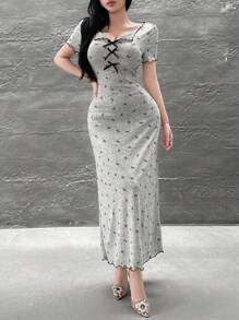 Feyla Petite 女士蝴蝶结印花褶皱优雅收腰中长连衣裙，适合派对和各种场合 - 灰色 - 查看 6