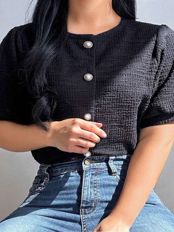 Dazy Plus Crew Neck Open Front Elegant Black Short Sleeve Shirt