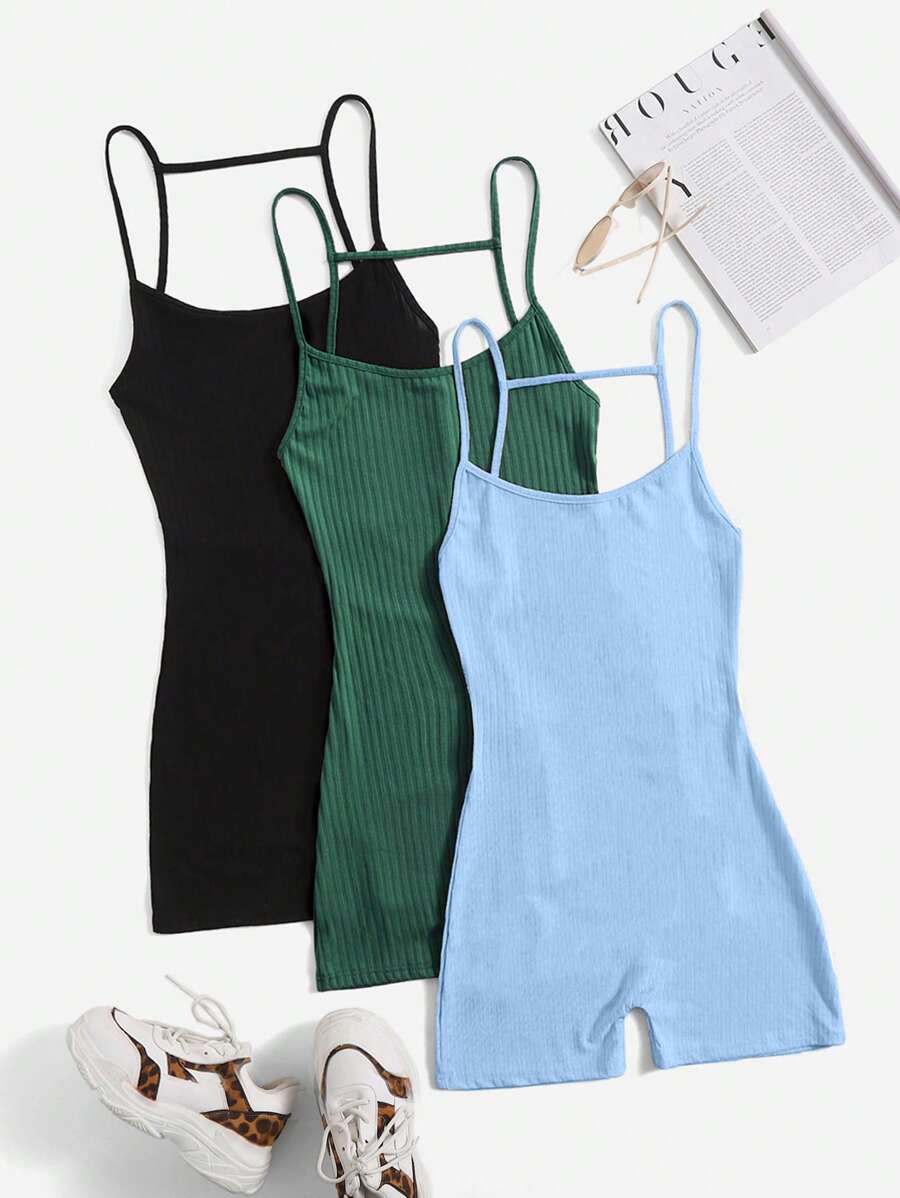 SHEIN EZwear Women's Solid Color Ribbed Tight Romper - Multicolor - View 1