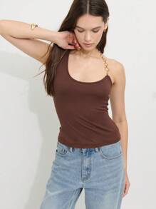 Nöista Women's Dark Brown Summer Casual Everyday Fitted Asymmetric Silhouette Top,Smooth Stretch-Knit Fabric Asymmetric Neckline With Chain Strap,Breathable - Coffee Brown - View 3