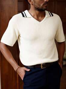 Manfinity Homme Men's  Old Money Simple Stripe Collar Knitted Sweater, Everyday Wear,Men Sweater - Apricot - View 2