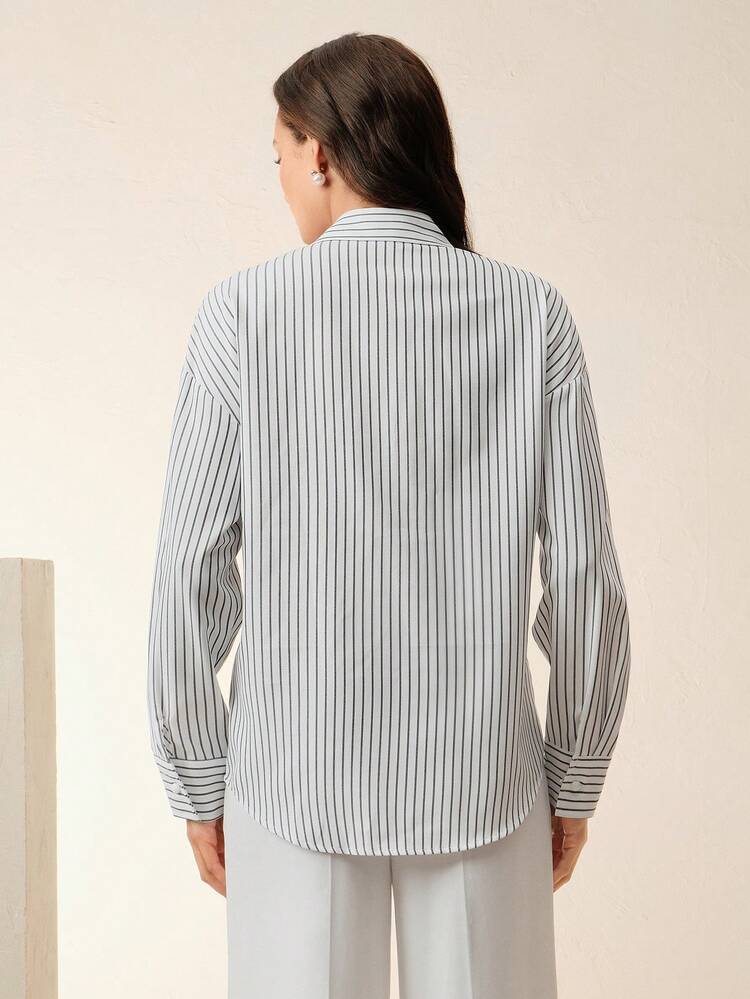 Women's Spring/Summer Striped Beaded Chain Decor Long Sleeve Elegant Vacation Blouse Shirt