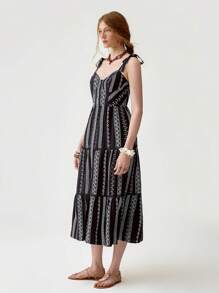Florisole Vestido con tirantes finos, volantes y patchwork con estampado de rayas negras de estilo bohemio para mujer - Negro - Ver 5