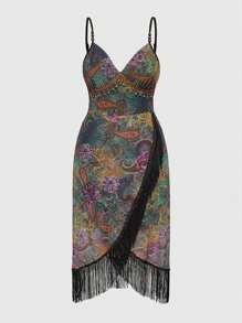 ROMWE Hippie Abito vintage da donna di taglia grande, stile cowgirl western, per festival musicali, con rete, perline, frange e stampa paisley