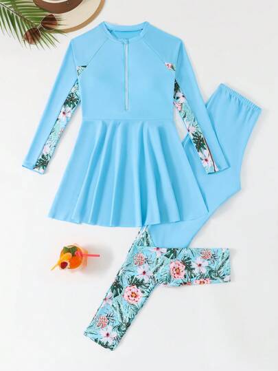 Teen Girls Tankini Top And Shorts Set, Tropical Fruit Tree Leaf Print Splice Design Long Sleeve Top And Long Pants Swimsuit Girls Modest Swimwear Long Sleeve Swimsuit Girls Muslim Swimwear Girls Hijabi Swimsuit For Girls Youth Modest Swimsuit