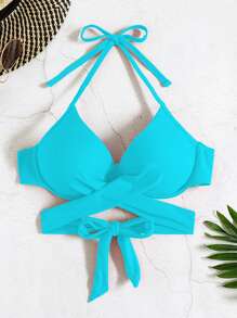 SHEIN Swim 2025 纯色交叉吊带聚拢比基尼上衣（带钢圈） - 淺藍色 - 查看 4