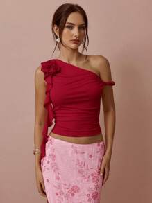 Enchnt Spring/Summer Romantic Women's Asymmetrical Neck Sparkle Rhinestone 3D ROSE Decor Sleeveless Tank Top, Sexy&Chic&Elegant&Fashionable For Party&Date&Holiday&Graduation&Going Out - Burgundy - View 6