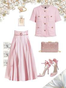 Gownix Chaqueta de mujer de manga corta con bolsillos y botones metálicos de boucle - Rosa - Ver 1