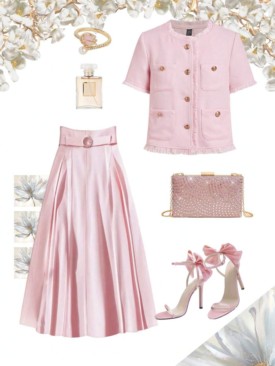 Gownix Chaqueta de mujer de manga corta con bolsillos y botones metálicos de boucle - Rosa - Ver 1