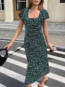 Serisse 女式夏季碎花方领短袖连衣裙 - 墨綠色 - 查看 1