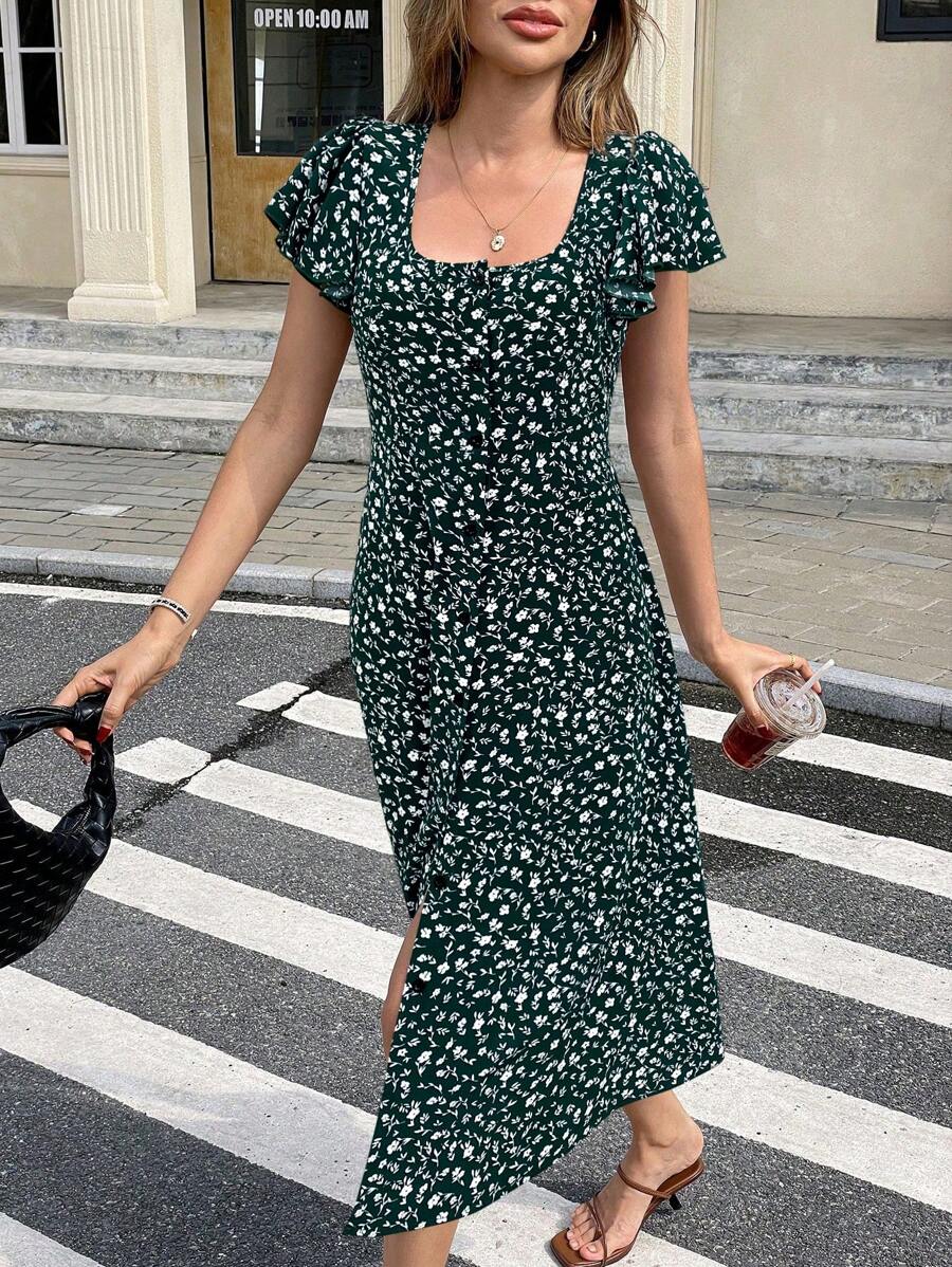 Serisse 女式夏季碎花方领短袖连衣裙 - 墨綠色 - 查看 1