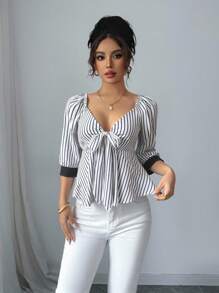Elenzga Elegante blusa senza maniche con fiocco anteriore, a peplum con colori a contrasto, adatta per uso casual quotidiano, viaggi, spiaggia, festival musicali, pendolarismo, primavera/estate