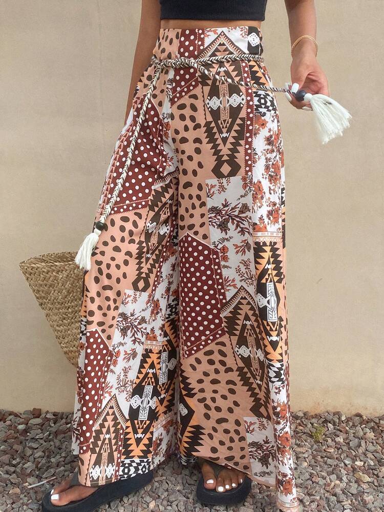 Casual Waist Print Drawstring Loose Wide Leg Pants Vacation Boho
