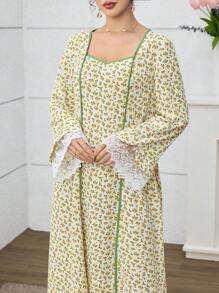 Yasmyna 女士休闲花卉宽松方领连衣裙，假日风格 - 黃色 - 查看 5