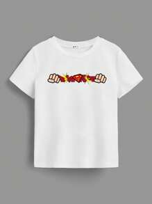 SUPERMAN X SHEIN Young Boy Casual Logo And Fist Print Short Sleeve White T-Shirt, Summer
