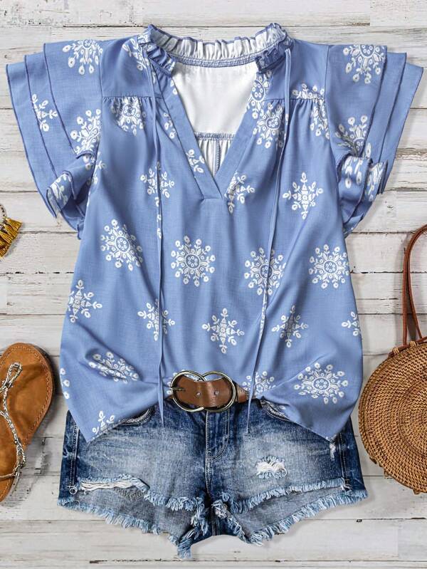Linhara Plus Size Women Floral Print V-Neck Puff Sleeve Casual Summer Blouse, Suitable For Daily And Holiday Wear