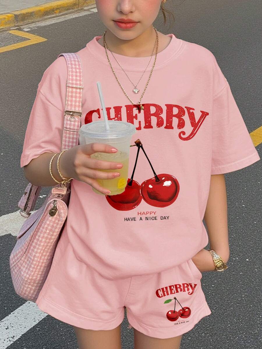 SHEIN Leap Crew 2 件套青少年女孩休闲简约短袖上衣和短裤套装,适合夏季 - 彩色 - 查看 1