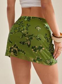 SHEIN PETITE Falda elegante verde de corte ajustado con bordados y parches de lentejuelas - Verde - Ver 2