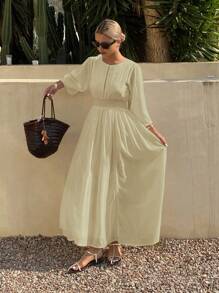 Livesso Long Sleeve Solid Color Waist Splice Lace Trim Casual Elegant Fall Maxi Dress For Women - Yellow - View 4