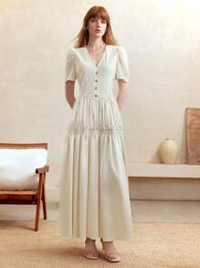 SHEIN LUNE Vestido de satén con cuello en V, mangas abullonadas, cintura con lazo y bajo plisado con hebilla dorada, estilo vintage elegante para ocasiones formales, vestido maxi para primavera/verano, vestidos de verano para mujer, vestidos de cumpleaños para mujer, vestidos formales para mujer, vestidos blancos elegantes y clásicos, estilo de mujer de dinero antiguo, vestido fluido, vestidos modestos para mujer, Fairycore, vestidos para fiestas de mujer, vestidos sexy para mujer, vestidos de verano para vacaciones, atuendo todo blanco para mujer, vestidos para eventos de boda, vestidos formales para invitados de boda - Albaricoque - Ver 3