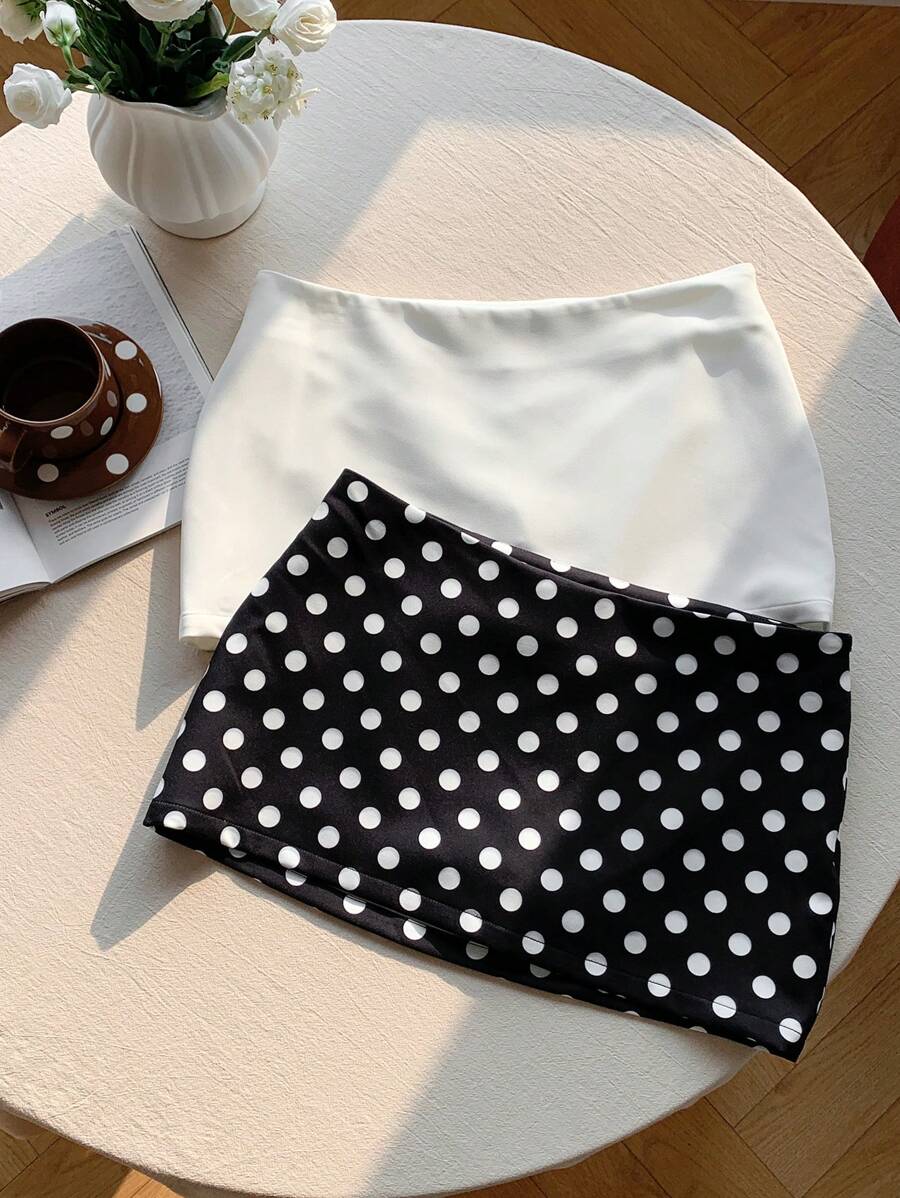 Comfortcana Set de 2 minifaldas de mujer, una de lunares y otra de unicolor - Blanco y Negro - Ver 1