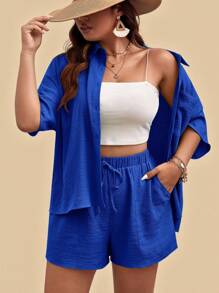 Travachic 2pcs Set Plus Size Solid Color Short Sleeve Shirt And Shorts, Simple Fashion Casual Everyday Wear,Holiday Outfits - Royal Blue - View 1