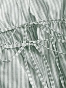 Sweetra Striped Print Deep V-Neck Ruffle Hem Long Sleeve Blouse Fall Cloth For Women