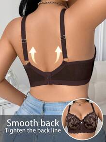 SHEIN 1pc Plus Size Embroidered Support Underwire Bra - Coffee Brown - View 2